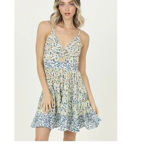 Angie Floral Dress Smocked Mini Sun Dress Blue Yellow Casual S